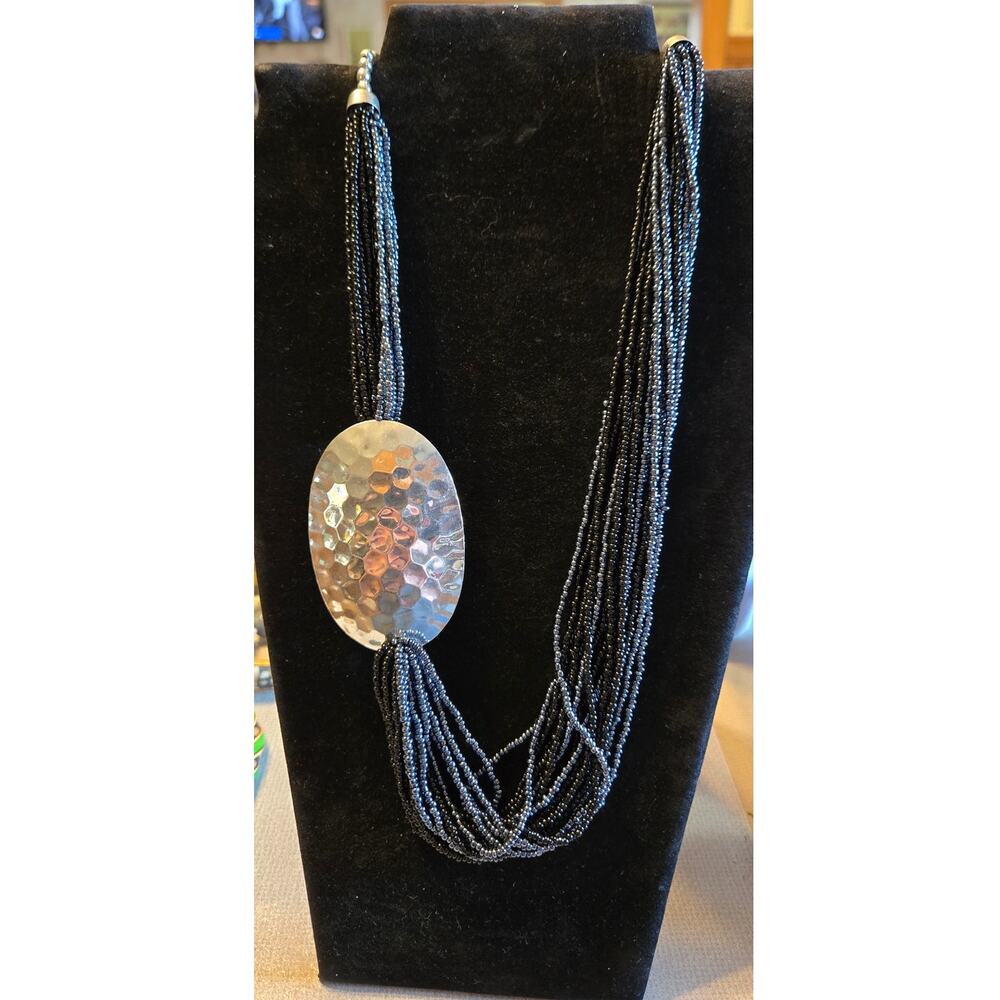 Black and Blue-black Seed Bead Necklace With Hammered Silver Accent Oval
